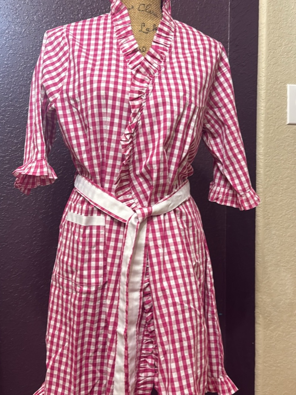 Women’s Pink Gingham Ruffle Wrap Dress with White Waist Tie Size S/M